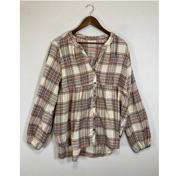 Universal Thread Tops - Rustic Cottagecore Universal Thread Women L Pink Plaid Smocked‎ Metallic Blouse